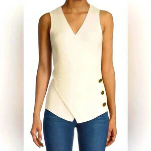 Milly V Neck Ribbed Asymmetrical Wrap Sweater Vest, Buttoned, White, Size Small